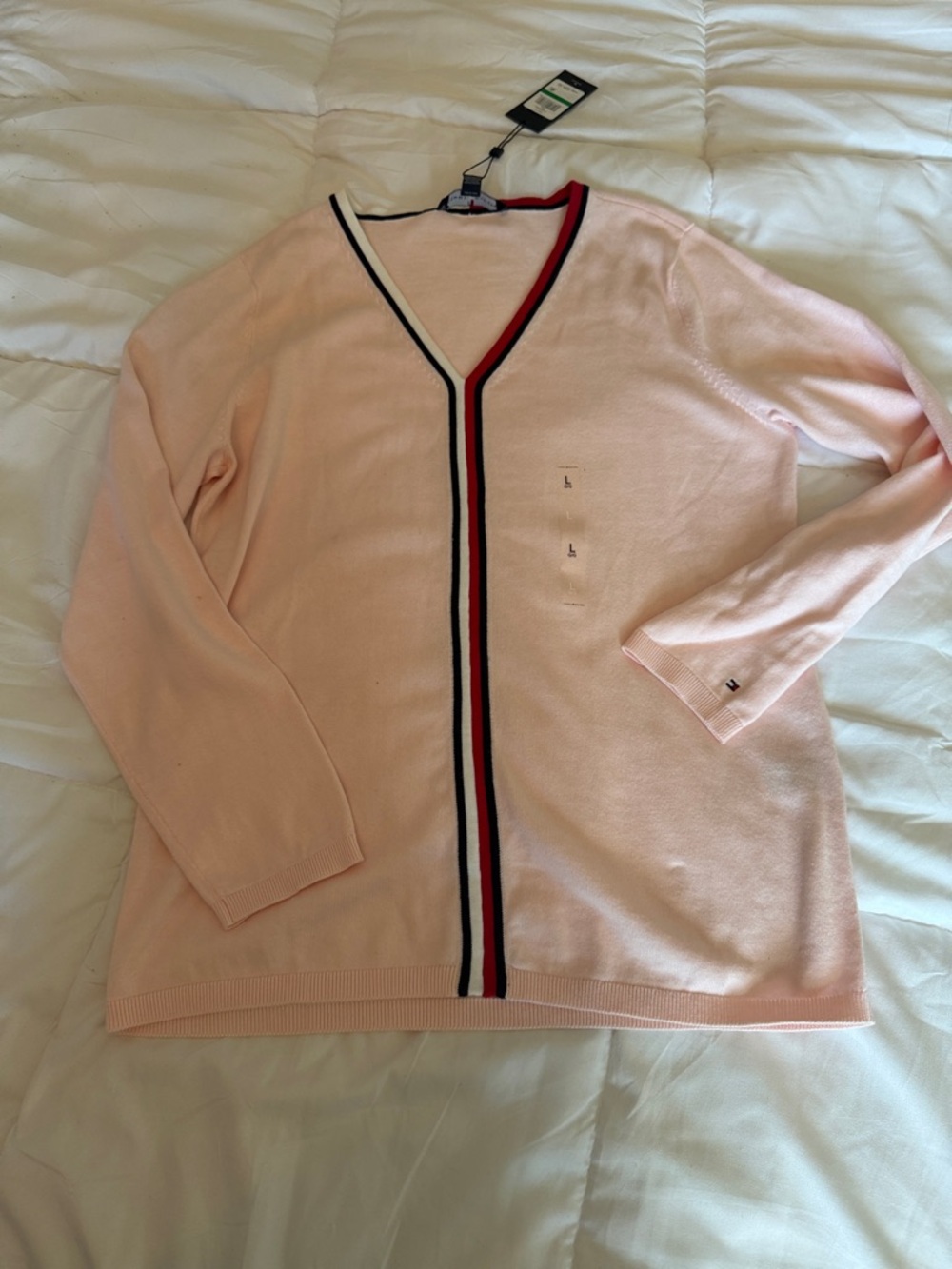 Tommy Hilfiger Pale Pink V-Neck Cardigan with Red, Navy & White Trim